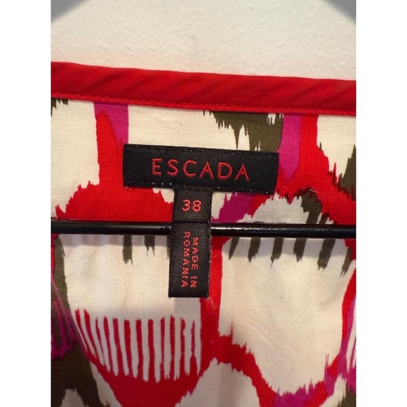 ESCADA Blouse Size 38 Red Green White Patterned 3/4 Sleeve Vintage Luxury Ikat - Picture 2 of 8